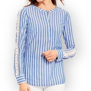 Talbots Blue White Stripe Cotton Floral Lace Long Sleeve Boho Popover Blouse XS